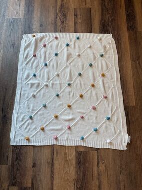 White  Pom Pom Knit Baby Blanket made in India